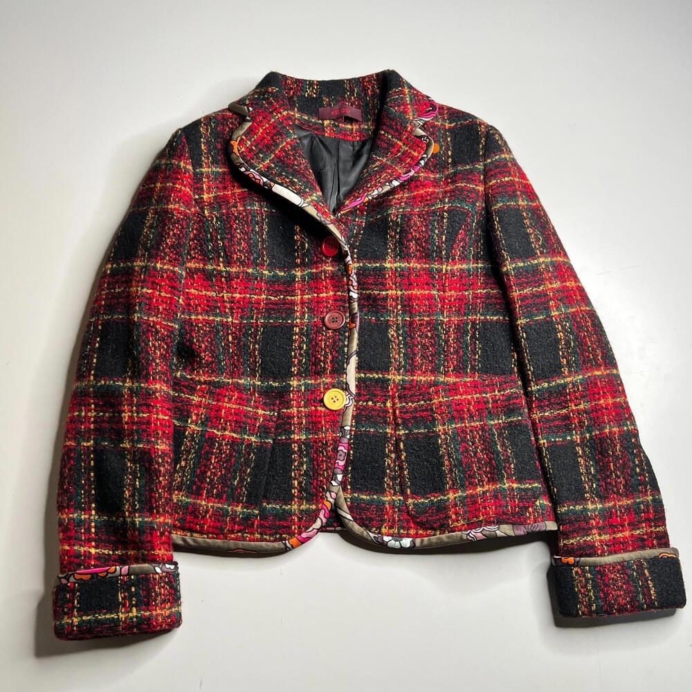 Kenzo Wool Plaid Jacket Blazer Womens Size‎ 38 Red Black Vintage